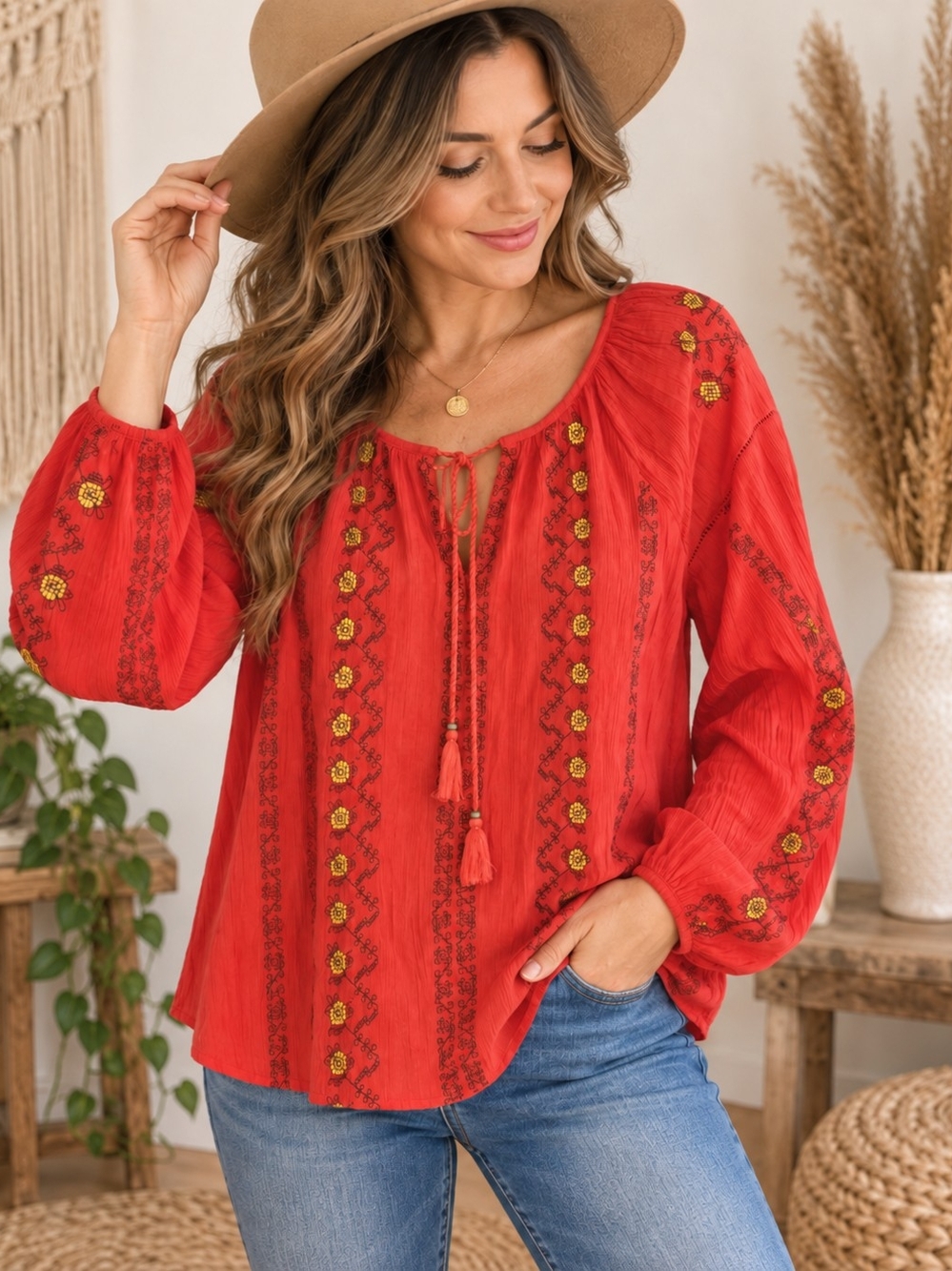 hazel Red Embroidered Tassel Peasant Top